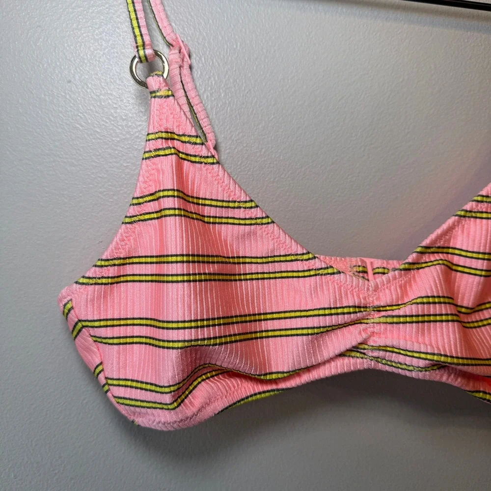 Aerie Beach Babe Shine Rib Voop Bikini Top Ribbed Pink Striped Size Medium NWT